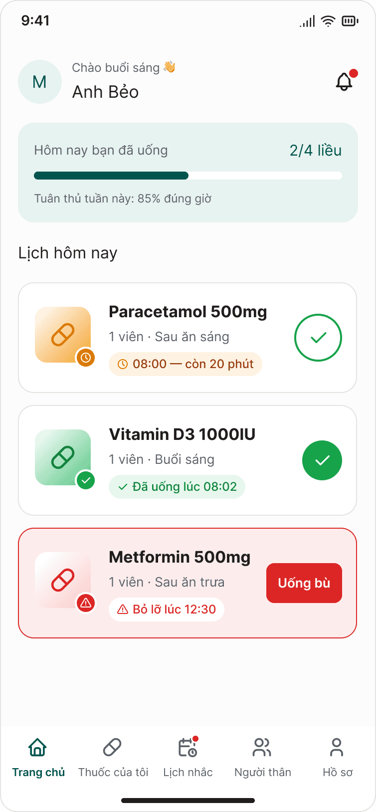 Màn hình trang chủ DrugTime: tiến độ uống thuốc hôm nay và lịch các liều